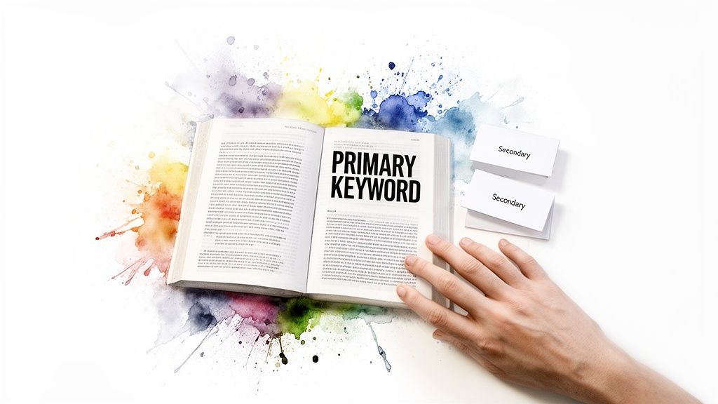 Hand on an open book highlighting 'PRIMARY KEYWORD' with 'Secondary' cards and colorful watercolor background.