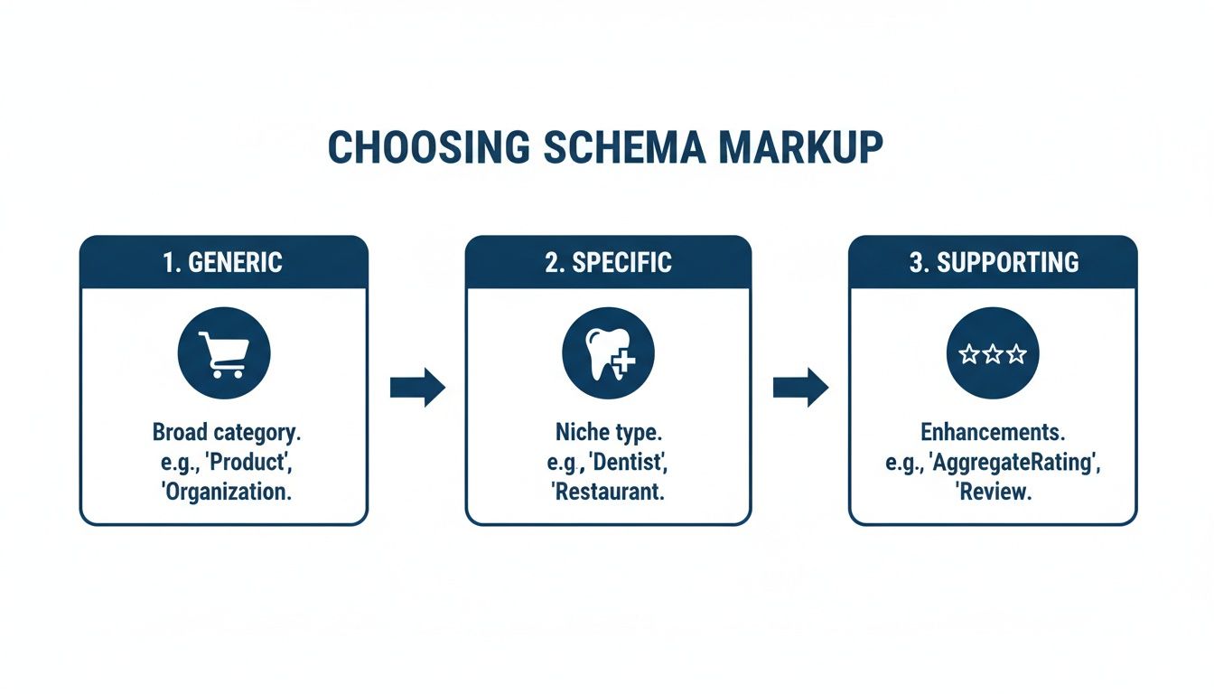 Diagram illustrating the three steps for choosing schema markup: generic, specific, and supporting types.
