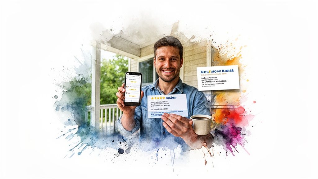 Smiling man on a porch holding a phone and paper displaying 5-star customer reviews.