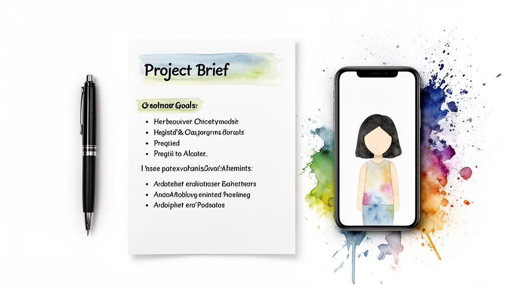 A project brief document, a black pen, and a smartphone displaying a person illustration, with colorful watercolor splashes.
