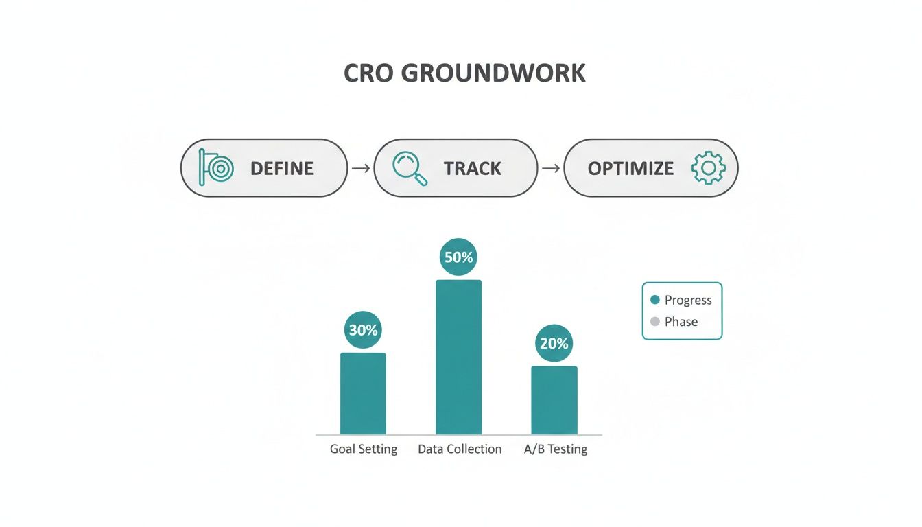 Diagram illustrating CRO groundwork steps: Define, Track, Optimize, with progress percentages for Goal Setting, Data Collection, and A/B Testing.