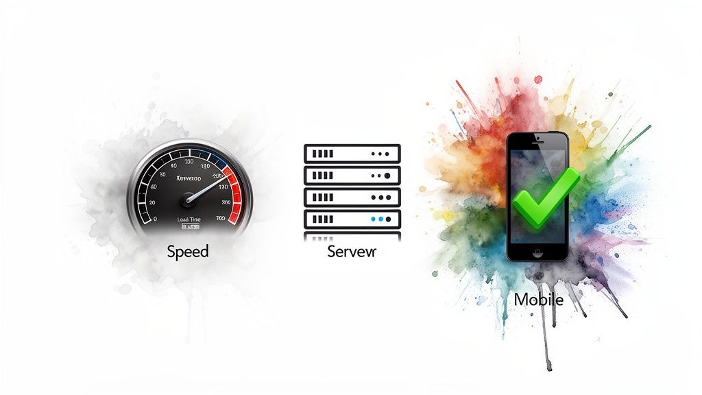 Visual representation of speed, server infrastructure, and mobile optimization for website performance, suitable for SEO.