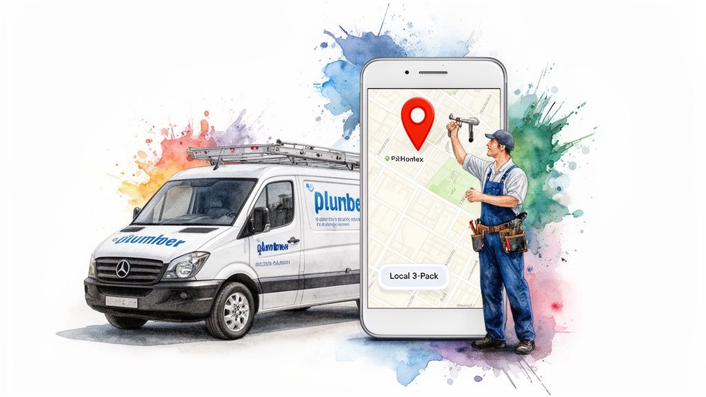 Plumber's van and smartphone app showing local services, with a plumber holding a tool.