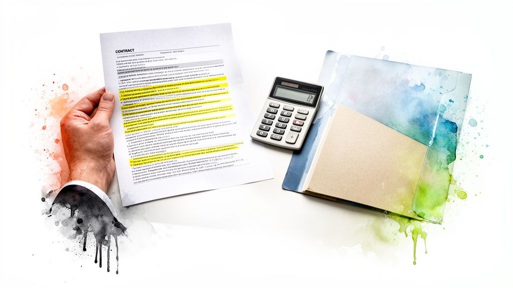 A hand holds a business contract with highlighted sections, next to a calculator and a folder with watercolor art.