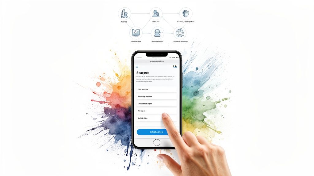 A hand interacts with a smartphone displaying a mobile app, with a process diagram and watercolor background.