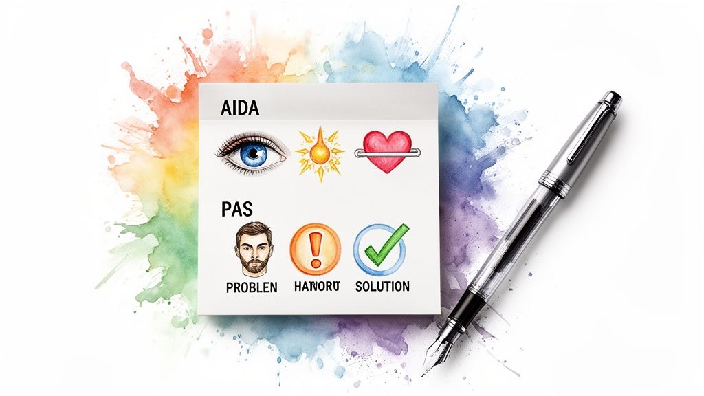 AIDA and PAS marketing models with icons, illustrating Attention, Interest, Desire, Action, Problem, Agitation, Solution.