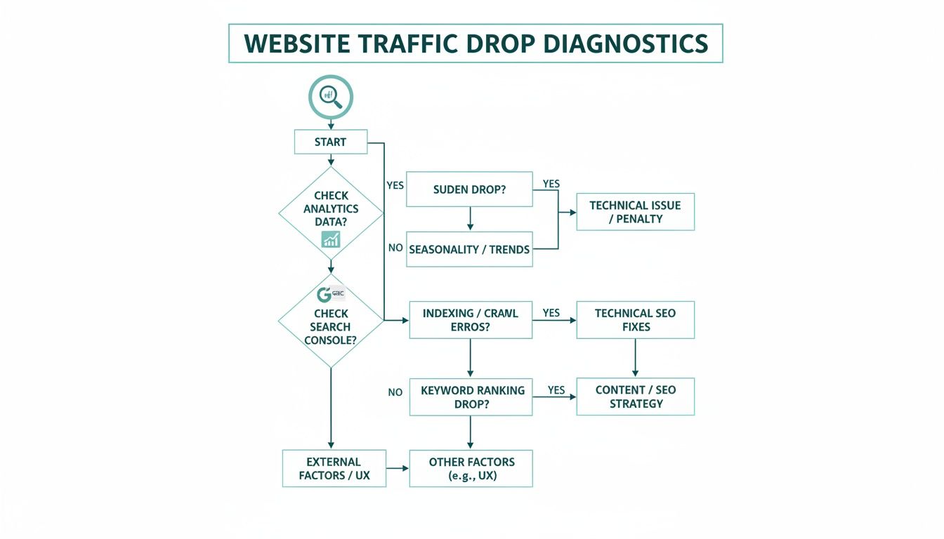 Flowchart illustrating the diagnostic process for a website traffic drop using analytics and SEO checks.