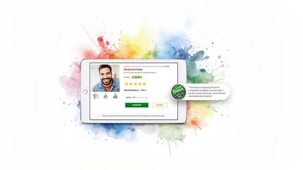 Tablet displaying a product review page with a smiling customer, star ratings, and a satisfaction badge.