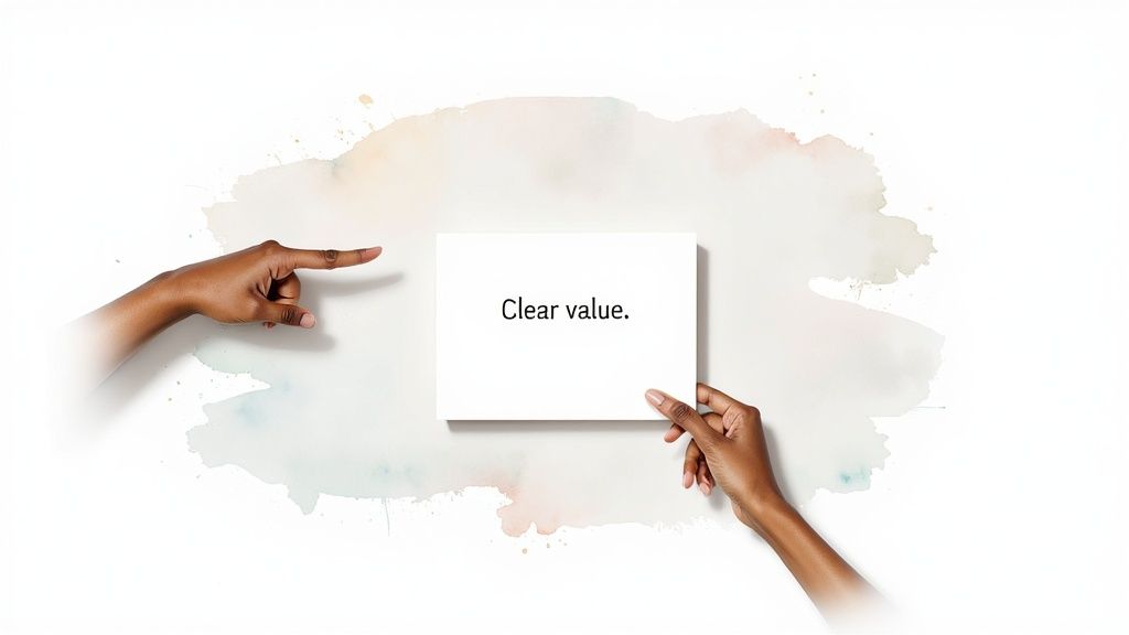 A hand points to a white card held by another hand, displaying "Clear value." on a watercolor backdrop.