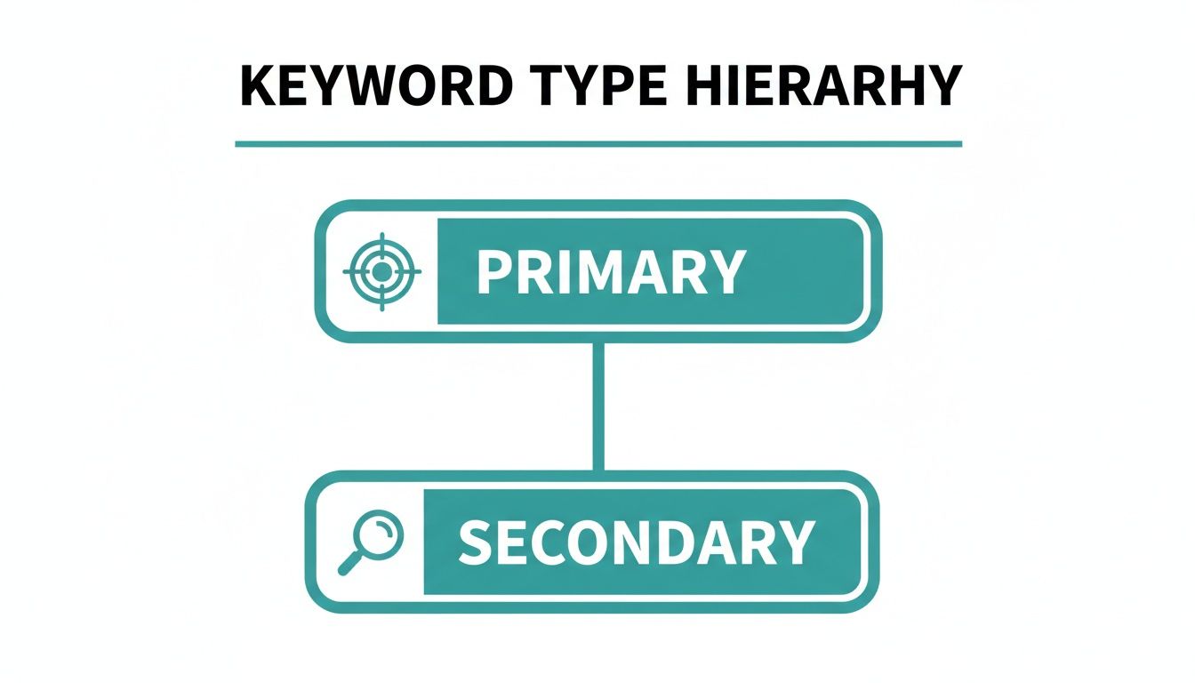 A keyword type hierarchy diagram showing primary keywords above secondary keywords with icons.