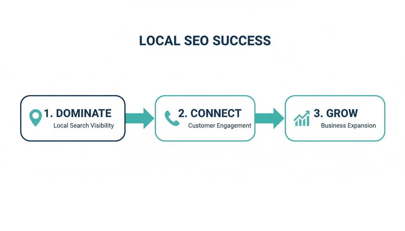 Infographic showing three steps to local SEO success: dominate, connect, and grow for business expansion.