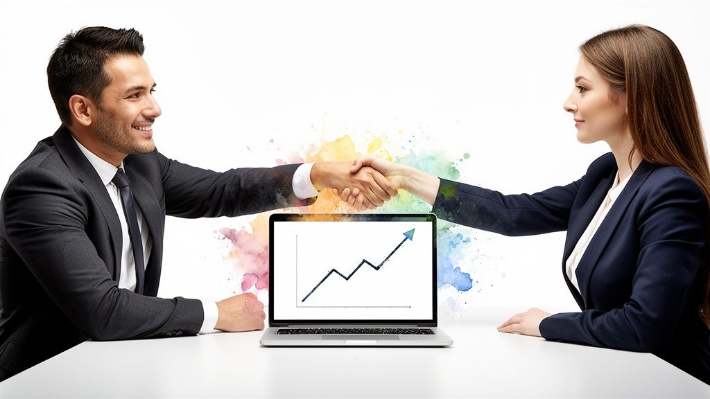 Two business professionals shaking hands over a laptop with a growth chart and colorful splashes.