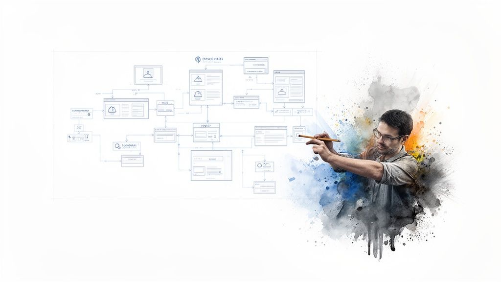 Man sketching a website architecture diagram with a stylus, blending into watercolor art.