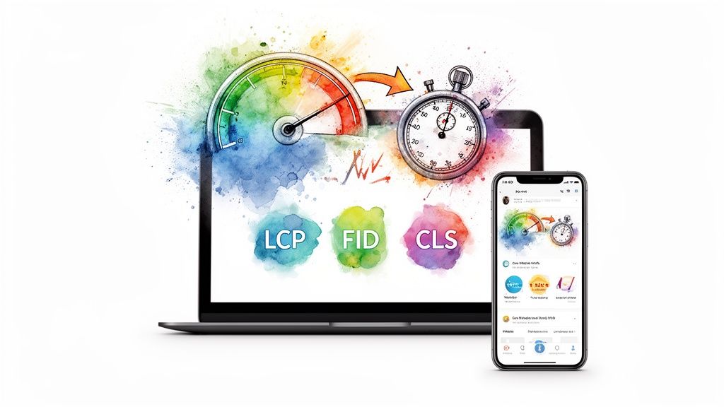 Laptop and smartphone displaying Core Web Vitals (LCP, FID, CLS) for website performance optimization.