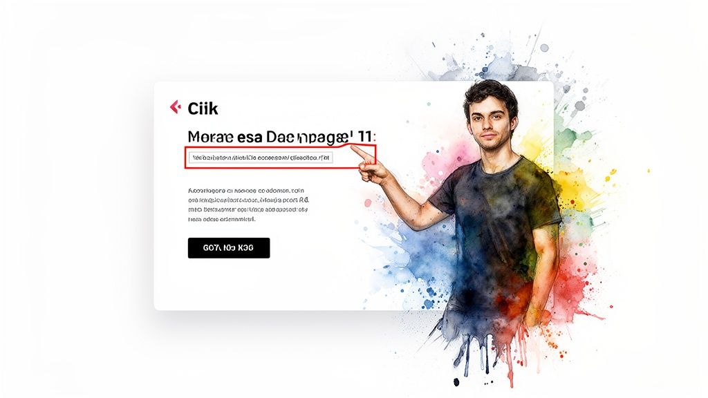 Man pointing to a text field in a pop-up window, rendered in a watercolor style.