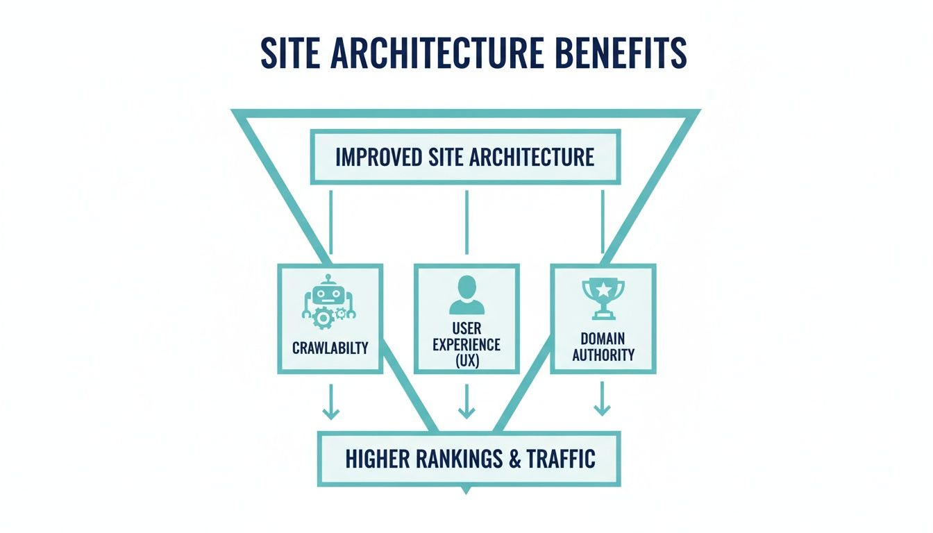 Diagram illustrating how improved site architecture enhances crawlability, user experience, and domain authority, leading to higher rankings and traffic.