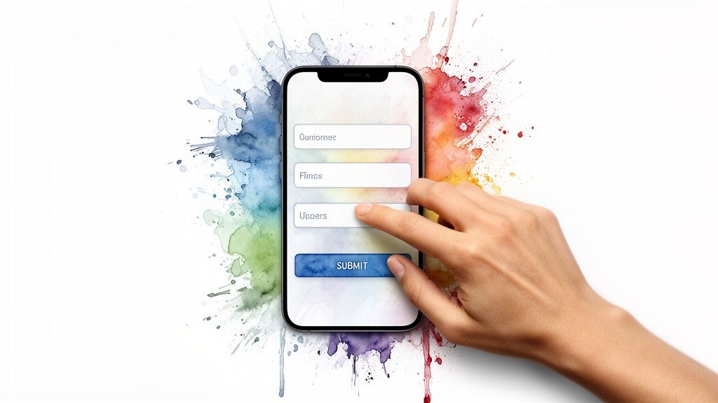 A user's hand interacts with a mobile form, tapping an input field on a smartphone.