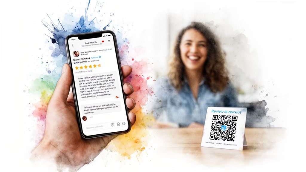 A hand displays a 5-star customer review on a smartphone, next to a QR code for new reviews.