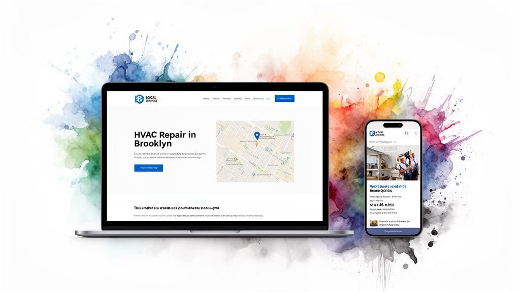 A laptop and smartphone showcase a local services website for HVAC repair in Brooklyn with a map and contact information.