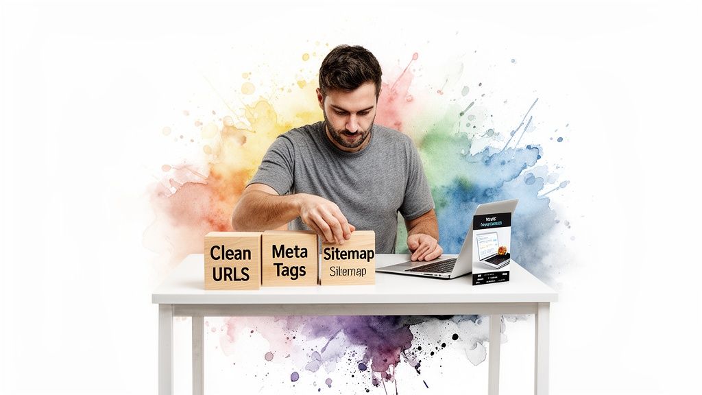 Man arranging wooden blocks labeled Clean URLs, Meta Tags, and Sitemap on a table with a laptop, demonstrating SEO concepts.