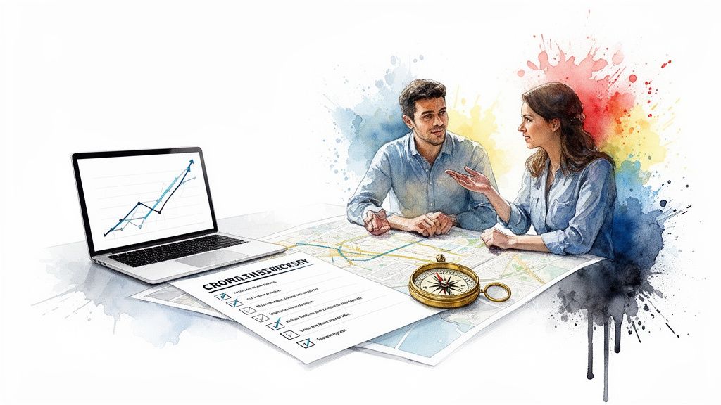 Two business professionals discussing strategy with a map, laptop showing growth, and a compass.