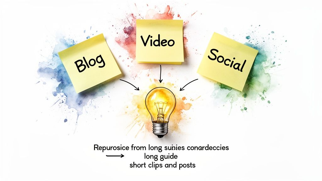 Sticky notes for Blog, Video, and Social content pointing to a light bulb for repurposing ideas.