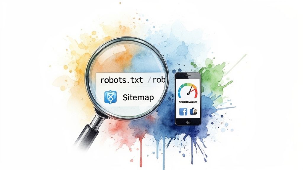 A magnifying glass highlights 'robots.txt' and 'Sitemap' next to a smartphone showing a slow speed test and social media icons.