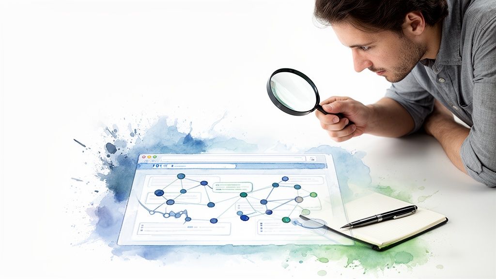 Man examining a website data diagram with a magnifying glass, next to a notebook.