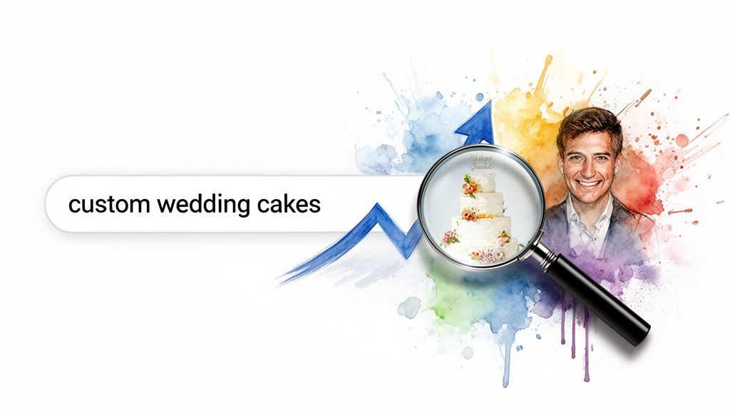 A search bar showing 'custom wedding cakes', a magnifying glass revealing a tiered cake, and a smiling man.
