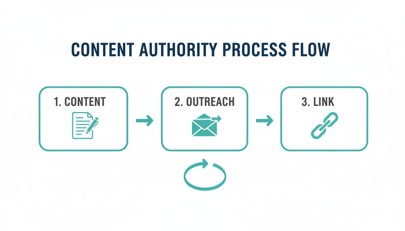 A three-step content authority process flow diagram: content creation, outreach, and link building.