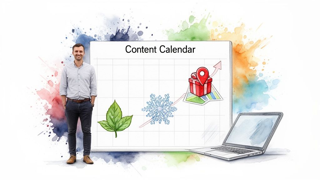 A smiling man stands beside a content calendar displaying seasonal items, marketing goals, and a laptop.