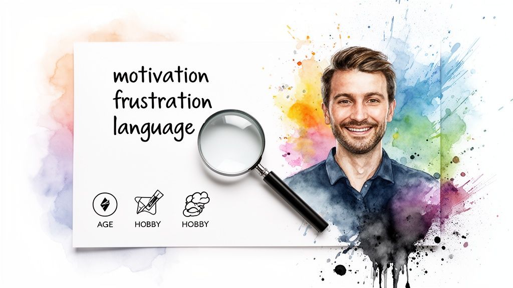 Smiling man on colorful background, magnifying glass over 'motivation, frustration, language,' and icons for age, hobby.