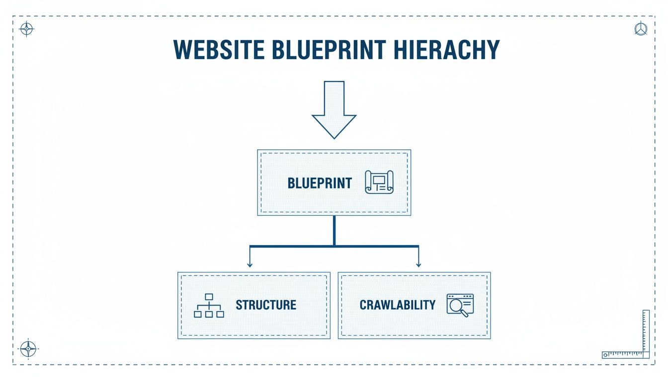 A hierarchical diagram illustrating a website blueprint, breaking down into structure and crawlability for SEO.