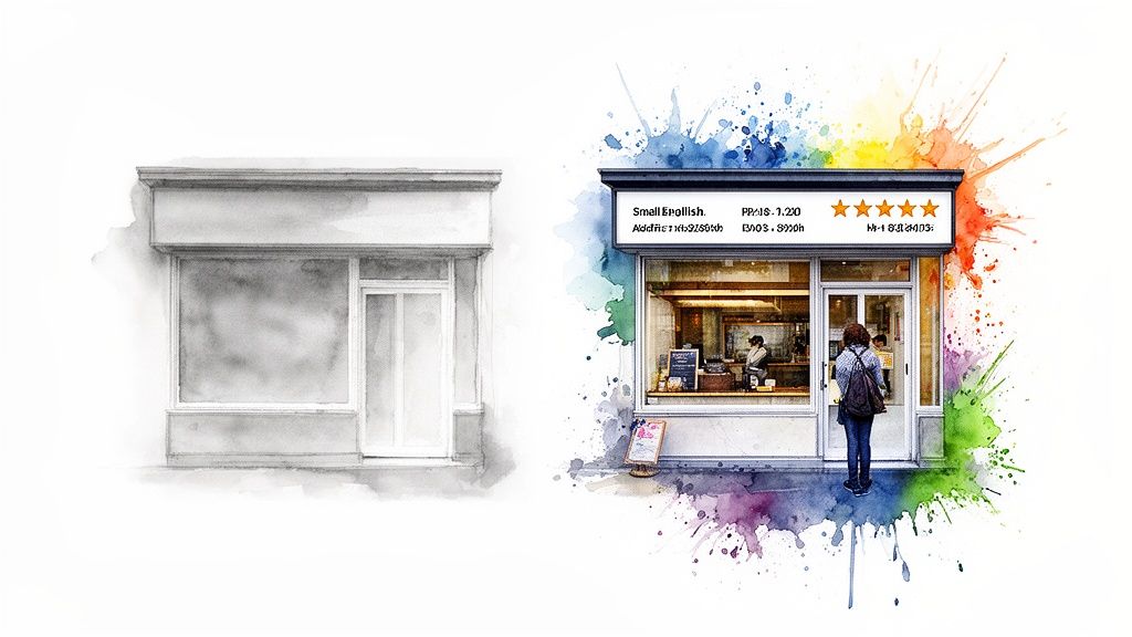 Watercolor illustration of a blank shop facade next to a vibrant, detailed cafe with a person entering.