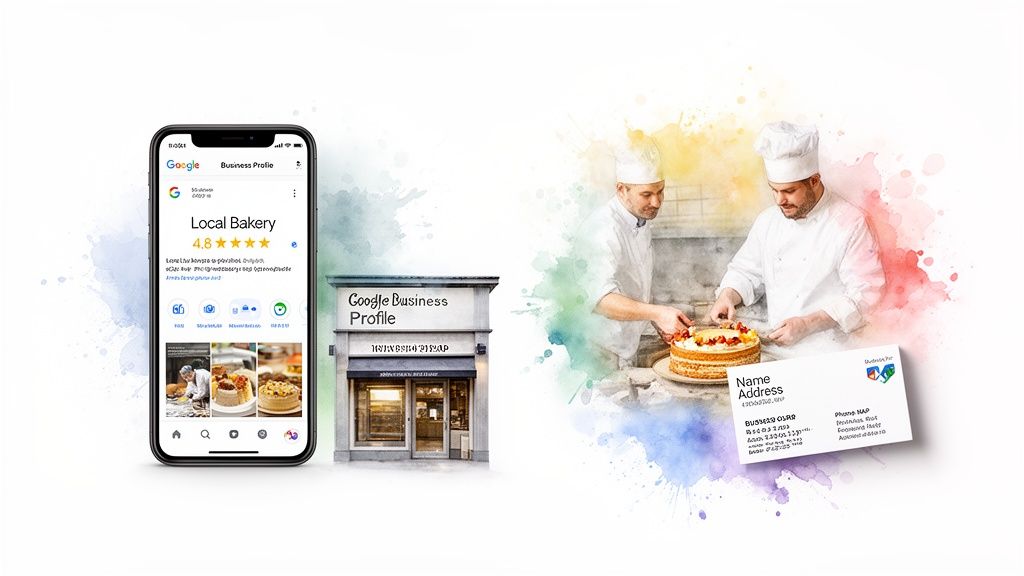 Google Business Profile on a phone and storefront, with chefs decorating a cake, representing local business marketing.