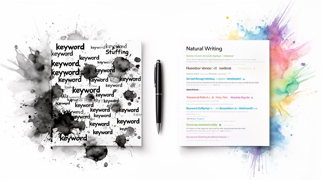 A pen separates two documents, illustrating keyword stuffing versus natural writing for SEO.