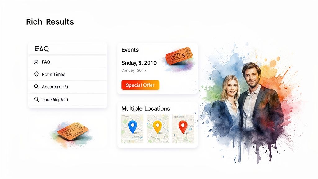 Rich results examples with FAQ, events, multiple locations, and a stylized portrait of a business couple.