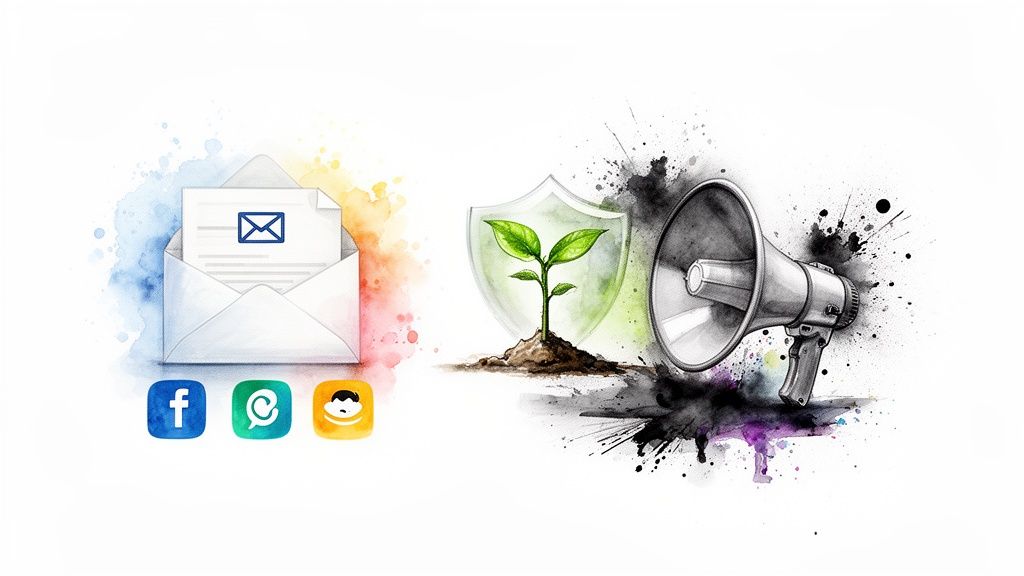 A watercolor illustration depicting email, social media, environmental protection with a plant, and a megaphone.