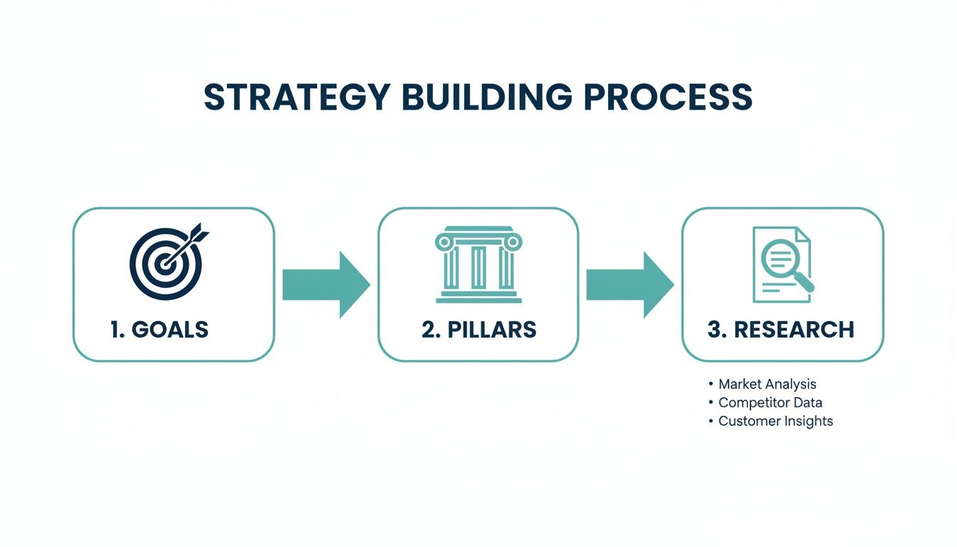Diagram illustrating the 3-step strategy building process: goals, pillars, and research including market analysis.