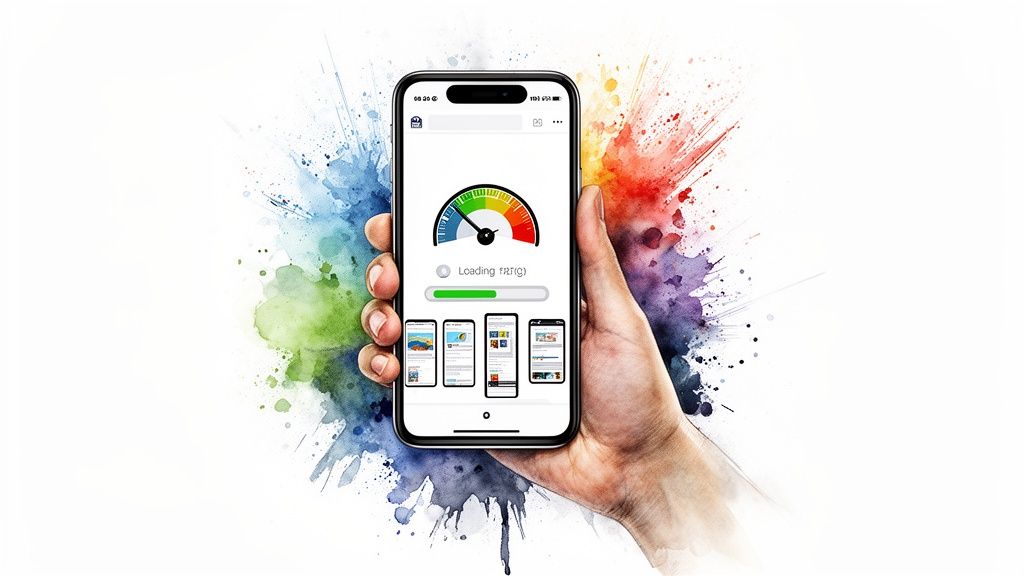 Hand holding a smartphone displaying a website loading speed test, progress bar, and page thumbnails.