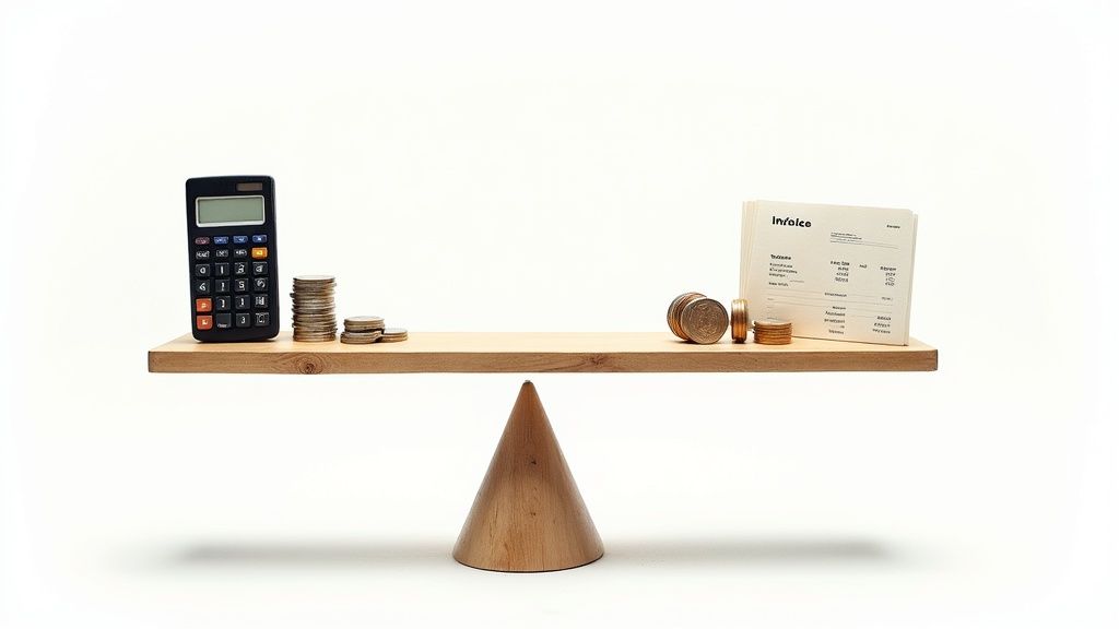 A calculator and coins on one side of a wooden balance, with invoices and coins on the other, symbolizing financial comparison.