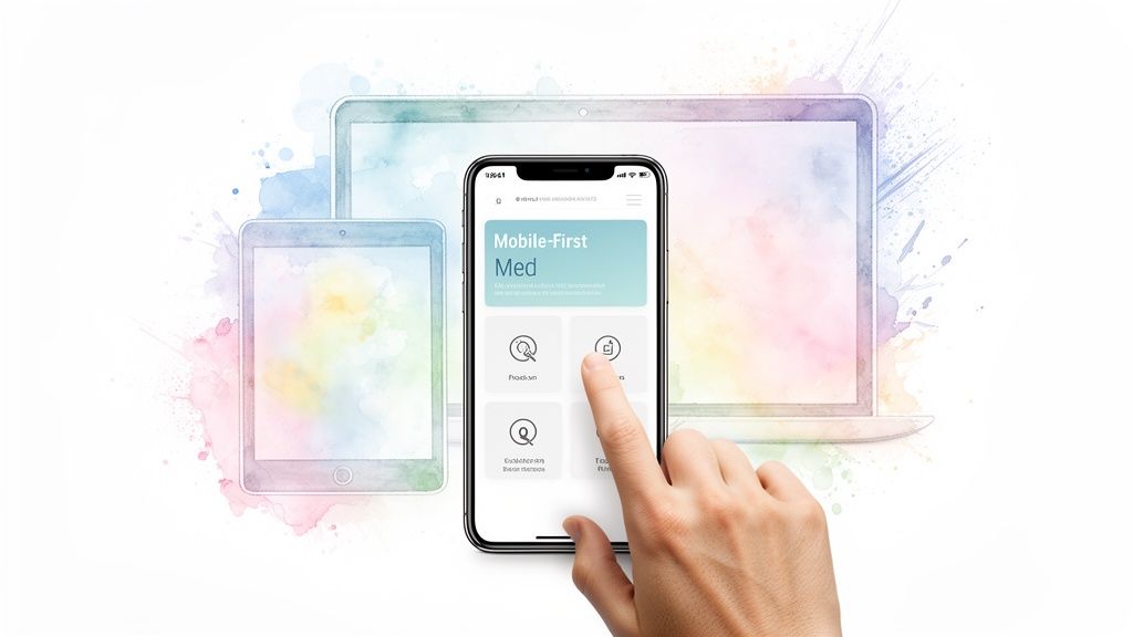 A hand taps a mobile medical app on a smartphone, with a tablet and laptop in the background, all in watercolor style.