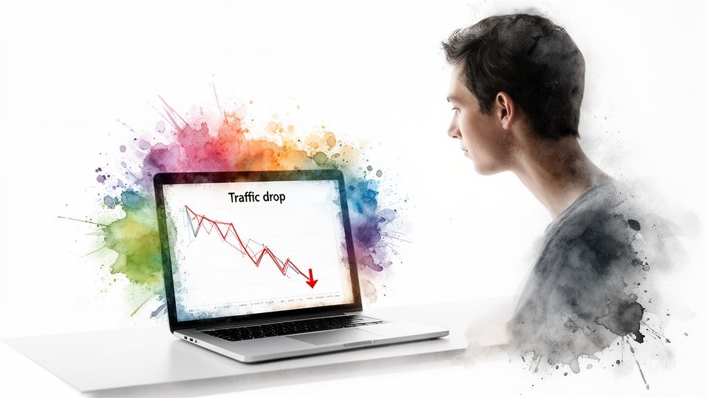 A young man looks at a laptop screen displaying a graph titled 'Traffic drop' with a significant downward trend.