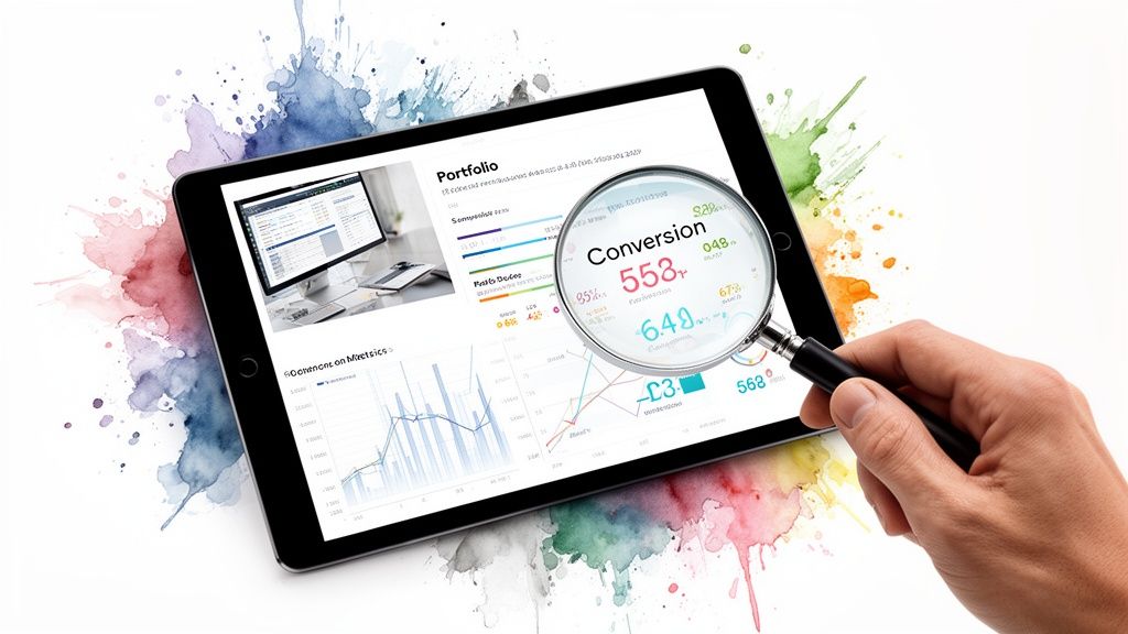 Digital marketing analytics dashboard on a tablet with a magnifying glass highlighting conversion data.