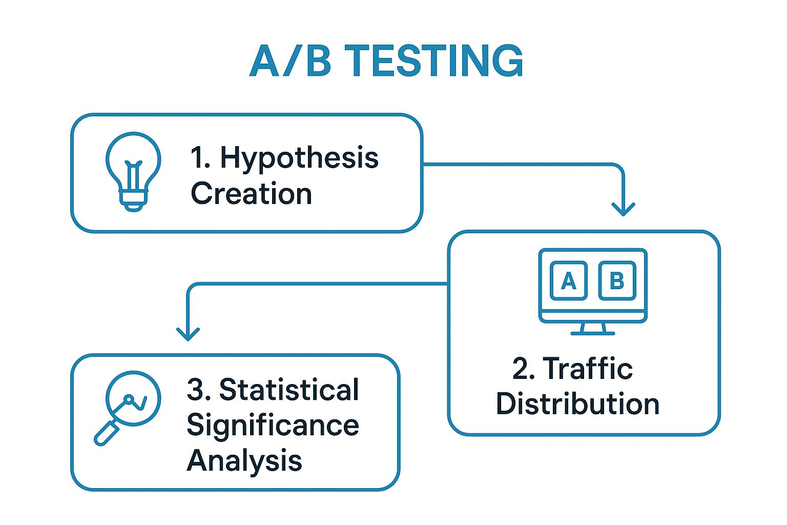 Infographic showing the three key steps of A/B testing: Hypothesis Creation, Traffic Distribution, and Statistical Significance Analysis.