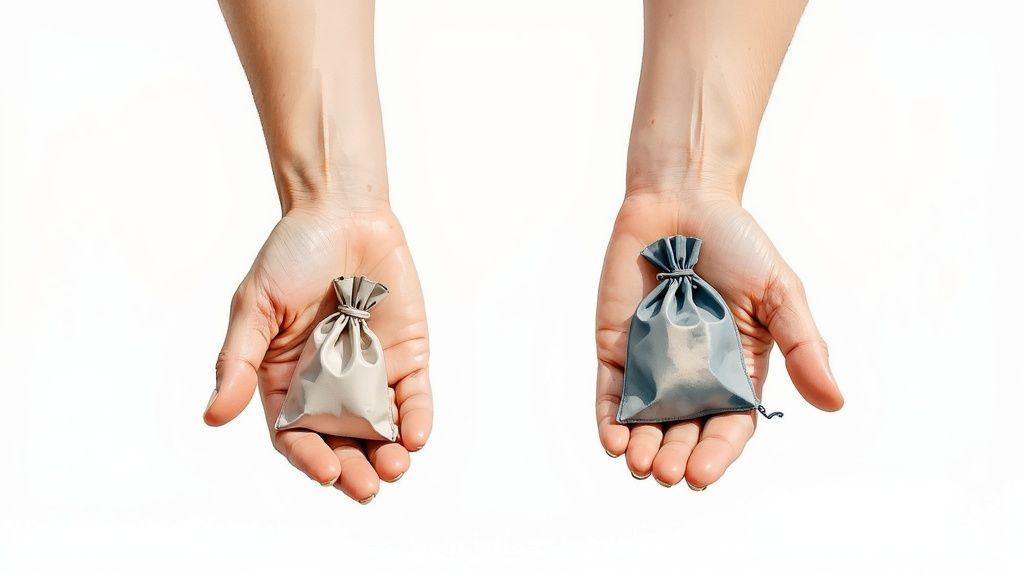 Two hands holding small drawstring pouches, a light beige one and a darker blue one, showcasing different sizes.