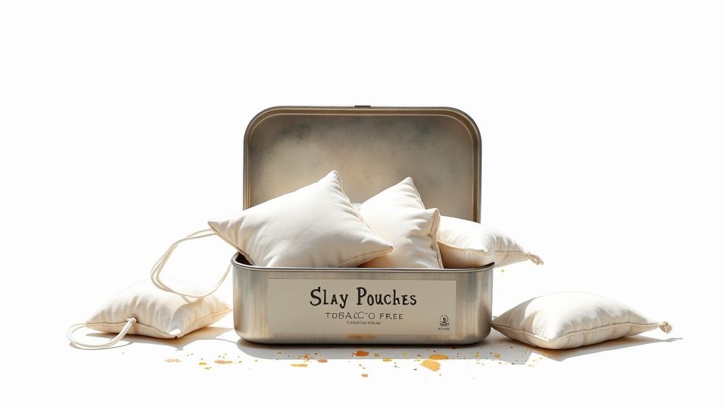 Open metal tin filled with white Slay Pouches, labeled tobacco-free, with some spilled granules.