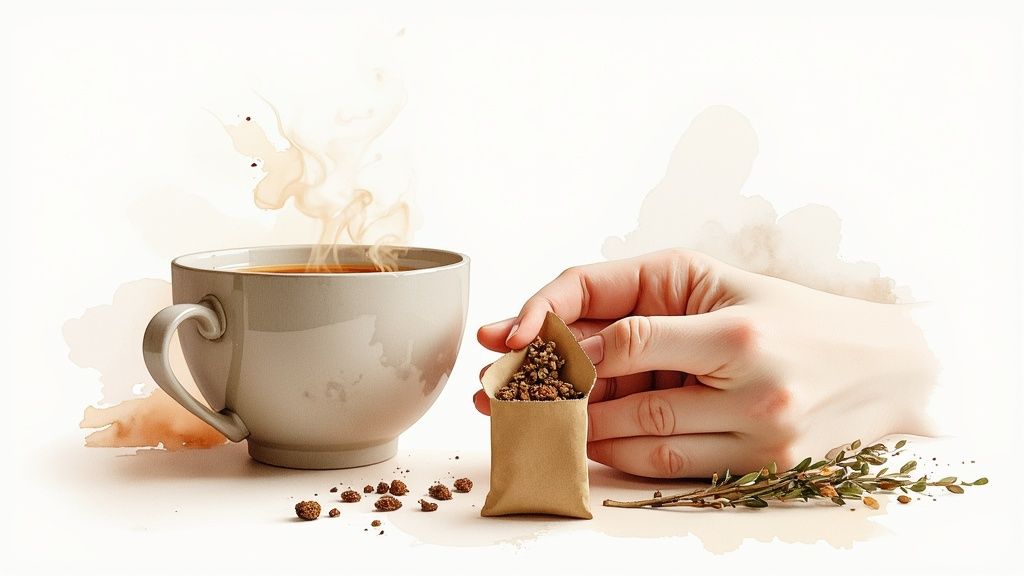 Hand holding small pouch of herbal tea blend next to steaming cup with herbs