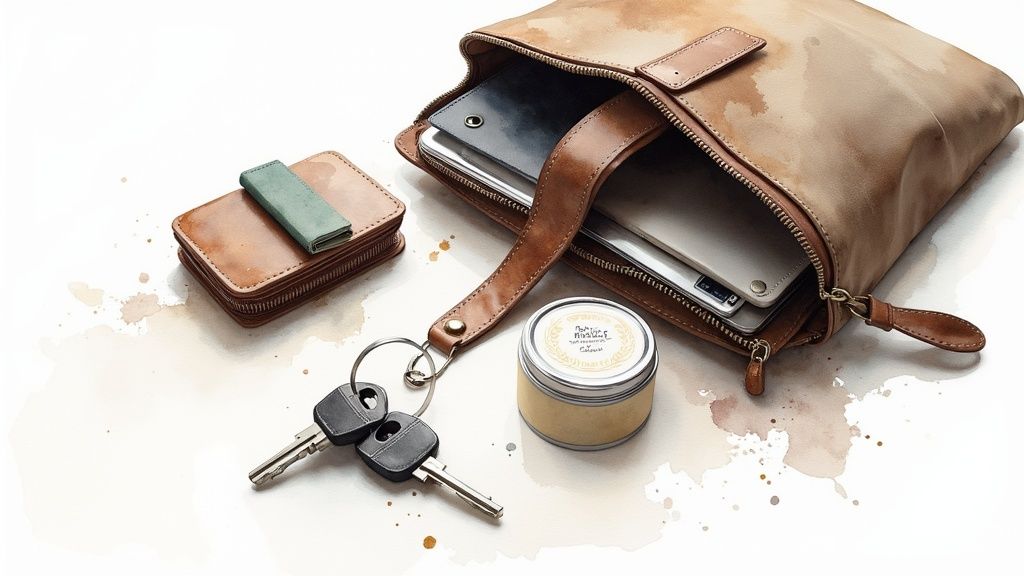Flat lay of a beige zippered bag containing a laptop, brown wallet, keys, and a tin.