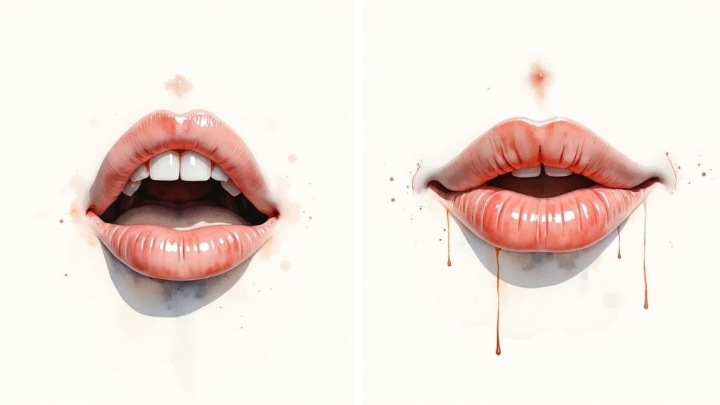 Two watercolor illustrations of glossy pink lips: one open with teeth, the other closed with drips.